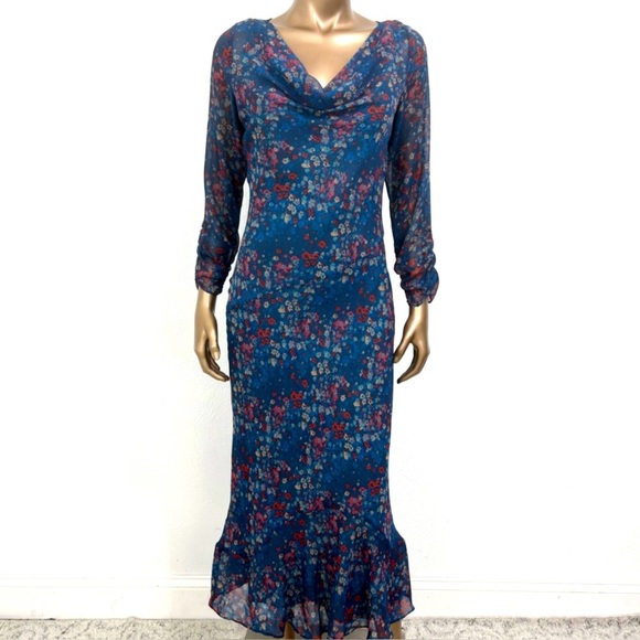 Sundance Dress 4 Blue Floral Ditsy Silk Maxi Fairy Ditzy Floral Flowy Drape Neck - Picture 1 of 13